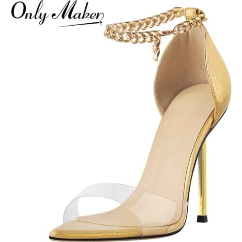 Onlymaker Summer Pointed Toe Sandals Gold Ankle Metal Chain Buckle Metal Stiletto High Heel Shoes Cover Heel PVC Band Large Size