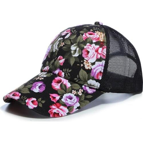 Womens Summer Caps Net Trucker Hat with Printed Flowers Black Red Blue Purple