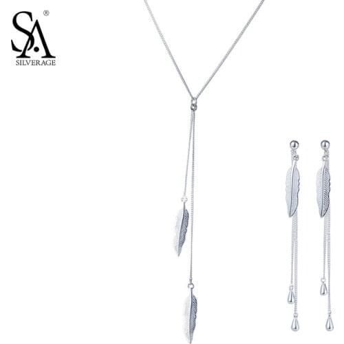 SA SILVERAGE 925 Sterling Silver Feather Jewelry Sets for Women Necklaces Pendants Drop Dangle Earrings Fine Jewelry 2018 Hot
