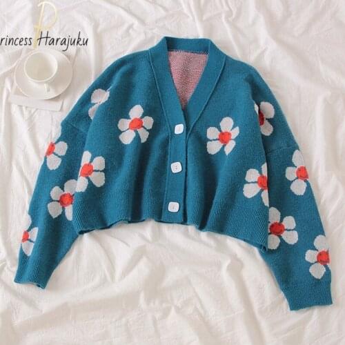 Plus Size Womens Korean Fashion Style Floral Print V-neck Knitted Cardigans Female Casual All-match Sweater One Size Clothes