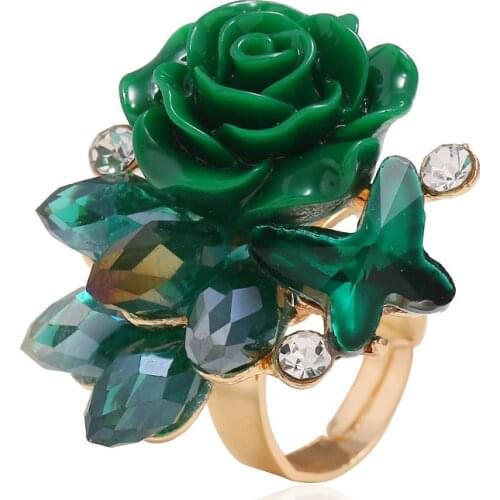 Hot New Statement Shiny Gold Color Deep Green Beads Butterfly Flower Shaped Adjustable Ring for Women Girls Fashion Jewelry