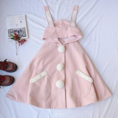 Winter japanese sweet lolita cloak cute rabbit ears hooded pocket hair ball victorian coat kawaii girl gothic lolita coat loli