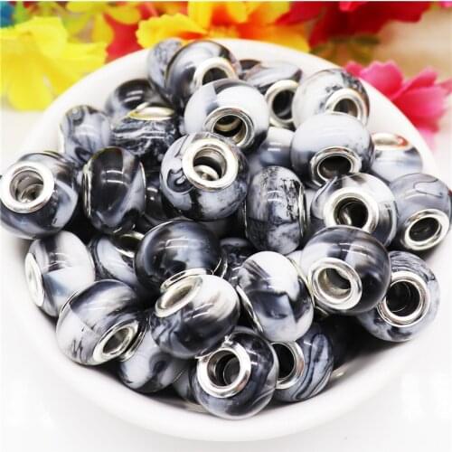 10Pcs Black Print Plastic Resin Round Loose Big Hole Spacer Beads Fit Pandora Bracelet Hair Beads for Jewelry Making DIY Crafts