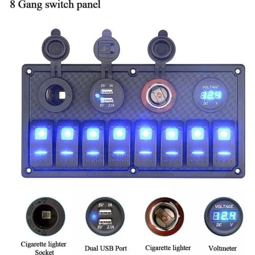 8 Gang Rocker Switch Panel Car Boat Voltmeter Cigarette Lighter Socket Dual USB Charging Ports Breakers for 12-24V Ship RV