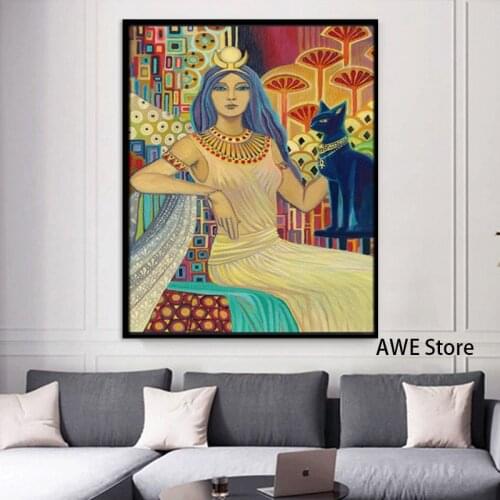 Bast Egyptian Cat Goddess Art Decor Poster Print Pagan Mythology Psychedelic Gypsy Goddess Wall Art Oil Painting Picture Home