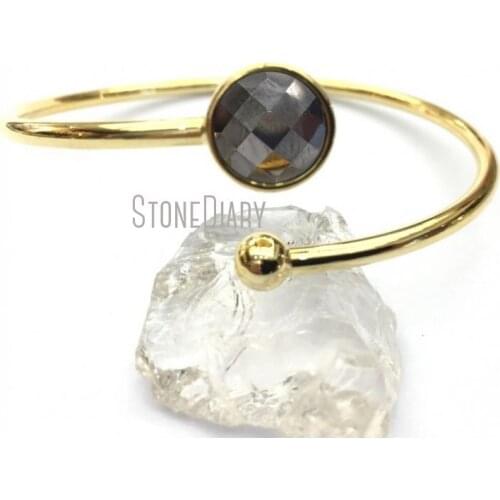 Hematite Bangle Gold Color Faceted Round Shape Bangle Adjustable BM12809