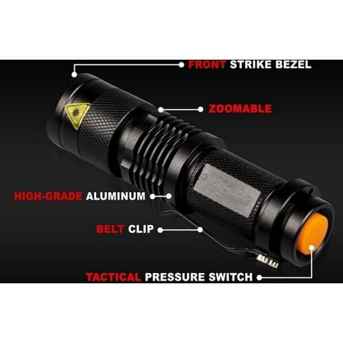 By dhl 100pcs practical Black Portable LED Flashlight Torch Light with Q5 2000LM 3Modes Zoomable Waterproof ,For camping