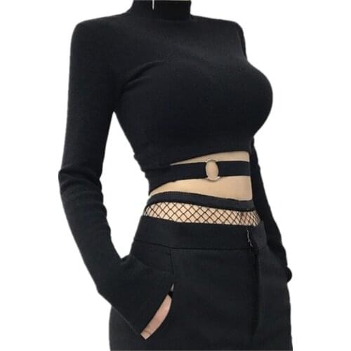 Womens Gothic Long Sleeve Crop Top T-shirt Black Hollow Out Sexy Womans Tshirt new Spring Summer sexy Fashion T-shirts Female