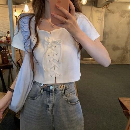 Large Size Short-sleeved T-shirt Womens Summer New All-match Thin French Square Neck Strap Design Niche Navel Crop Top