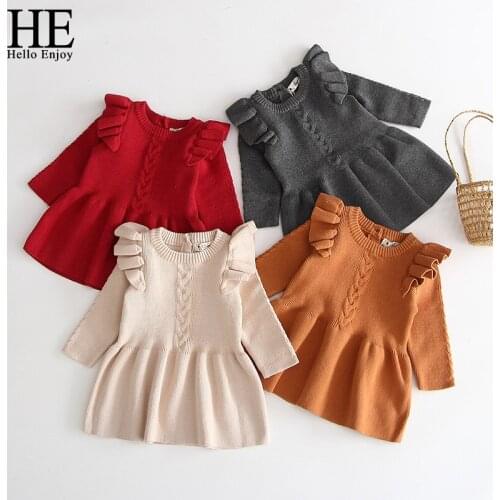 HE Hello Enjoy 0-4Yrs Winter Baby Girl Knitted Dress Warm Autumn Toddler Girls Ruffled Sleeve Sweater Dress Clothing Outfits