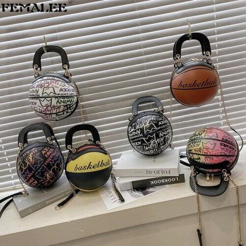 Personality Designer Basketball Handbags Women Graffiti Chains Round Tote Purse 2021 Fashion Female Shoulder Crossbody Bolsas