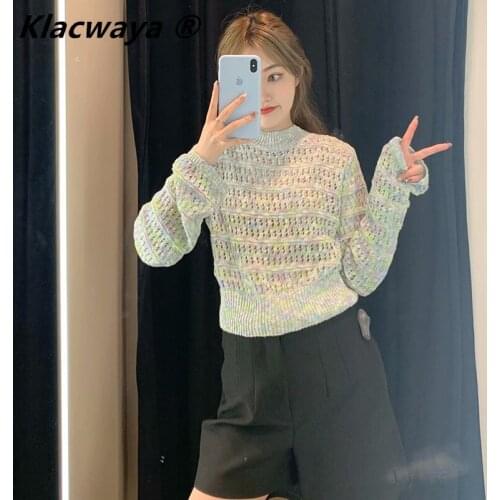 Klacwaya 2021 Spring New Round Neck Short Knitwear Hollow Out Long Sleeve Multicolor Sweater