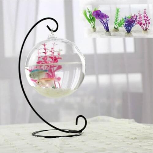 Mini Creative Desktop Fish Tank Ornament Hanging Display Rack Aquarium Plant Pot With Metal Stand Home Decor Garden Supplies