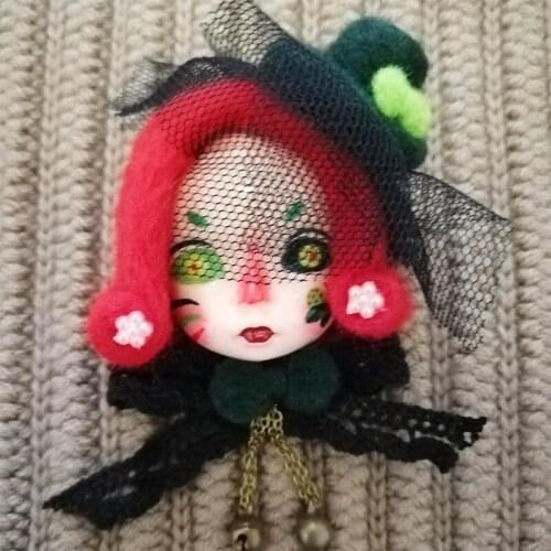 Handmade Clay Mini Doll OOAK Brooch Vintage Felt Dolls Badge Unique Dolls Brooches Jewelry
