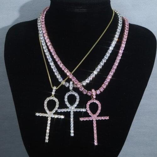 Fashion Cross Egyptian Ankh Symbol Silver Color Pendant with 5A 5MM cz tennis Long Chain Necklaces hip hop Jewelry For Women