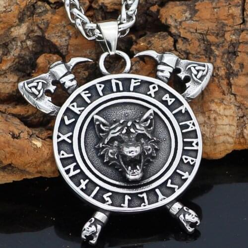 Men Viking Stainless steel Wolf Axe Rune Helm Of Awe Wolf Necklace