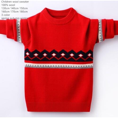 Naizaiga 100% Australia wool red gray navy blue O-neck boy Children thicken winter Geometric Sweater student Pullovers FMBR90