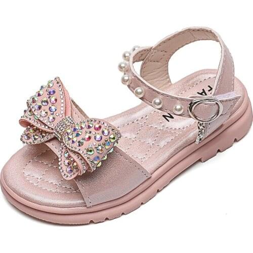 2021 Summer New Childrens Rhinestone Open-toe Sandals Korean Girls Pearl Princess Shoes Beach Shoes Bow-knot Cute Flats Fashion