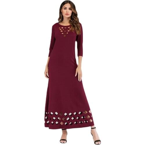 Hidjab Robe Vestido for Ramadan Large Size Long Skirt Muslim Burnt Flower Seven-point Sleeve Hollow A- Line Dress 7039