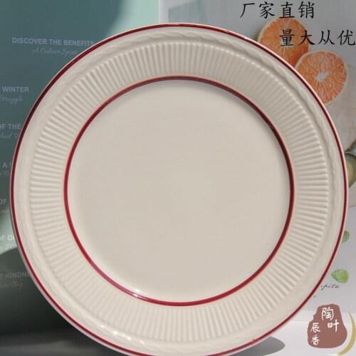 Hand Painted Rose Red White Lines Embossed Bowl Oval Soup Plate Large Flat Plate Cup and Saucer Set Ceramic Tableware