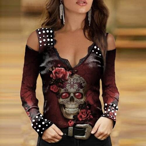 2021 Women V Neck Cold Shoulder Sexy Tee Tops Color Matching Rose Print Woman Long-sleeved T-shirt Fashion Casual Loose Clothing