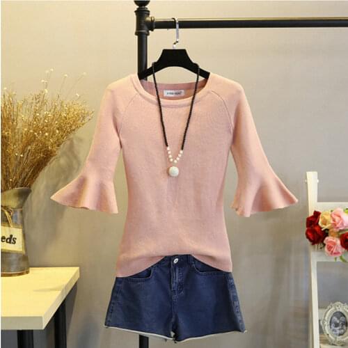 Womens T Shirt Flared Sleeve Summer Knitted Tops Solid Colors O Neck Ice Silk Slim Tee Plus Size Fashion Tshirt Female