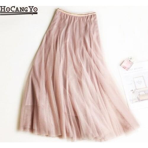 Korean Style Women Summer Elastic Waist Skirt 2020 Fashion Mesh Gauze Skirt Women Casual Midi Solid Black Tulle Skirts Free Size