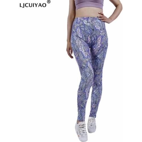LJCUIYAO Women Leggings Sport Fitness Push Up Sexy Pants Casual High Waist Workout Purple Pink Leaf Pattern Sport Gym Clothes