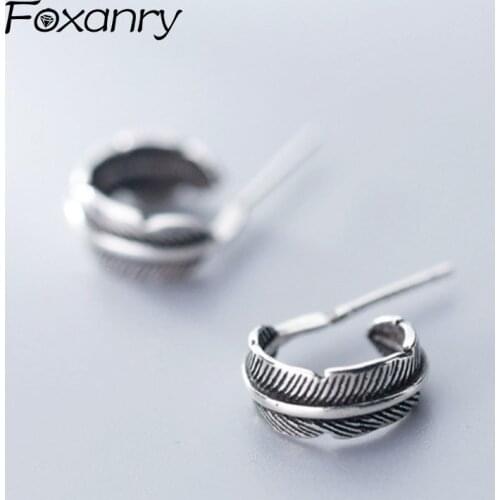 Foxanry Prevent Allergy 925 Sterling Silver Earrings for Women Vintage Trendy Elegant Creative Feather Jewelry Party Accessories