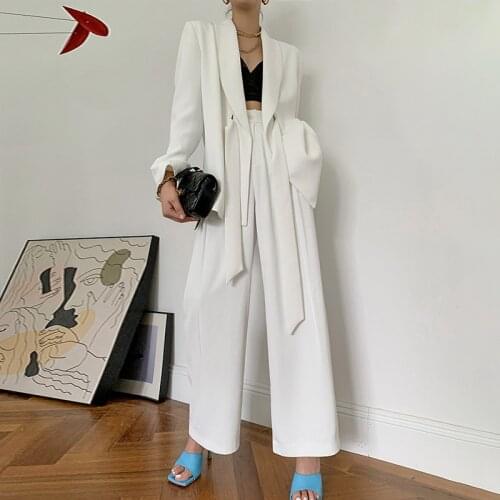 2021 New Female Two piece Suit Lapel Collar Long Sleeve Loose Lace Up Blazer Coat High Waist Loose Lace Up Womens Casual Set