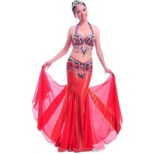 Beaded bellydancing bra belt mermaid skirt fishtail dress women belly dance costume set sexy professional stage performance wear