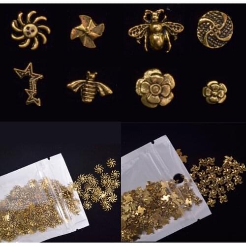 50Pcs 3D Alloy Metal Ancient Bronze Alloy Nail Art Decorations Vintage-Star-Flower-Cicada-Bee Design Charm Alloy Accessories JE8