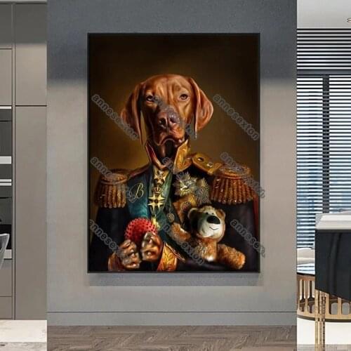 Abstract Animal Canvas Painting Poster Brown Dog with Ancient European Court Clothing for Home Rooms Gallery Wall Decoration