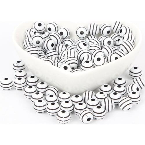 50Pcs Mixed Black Round Stripes Acrylic Beads For Jewellery Marking Loose Spacer Bead Bracelet Necklace Charm Jewelry Finding