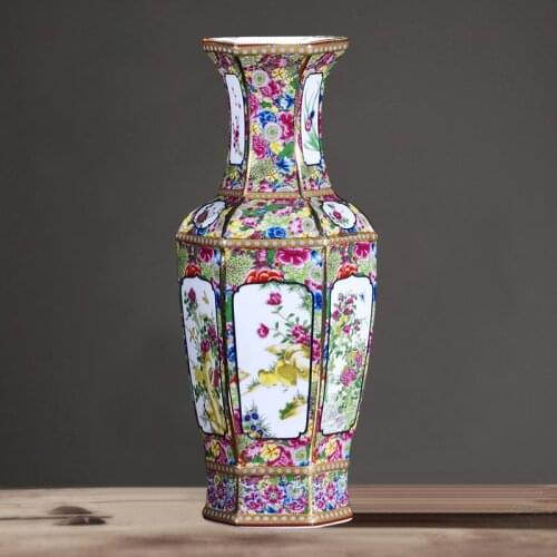 Qing Qianlong Antique Ceramic Vase Enamel Gilt Hexagon Vase With Flower Antique Porcelain Ancient Porcelain Collection