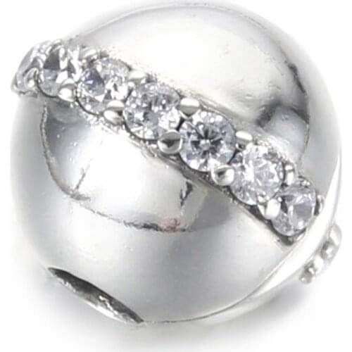 Authentic S925 Silver Bead Clip Sparkling Line Stopper Charm fit Lady Bracelet Bangle For Women DIY Jewelry