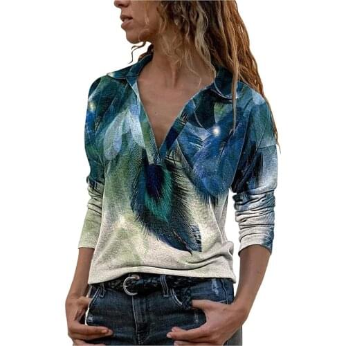 Womens Tops And Blouses Fashion Women Deep V-neck Patchwork Retro Print Long Sleeves Blouse Shirt Blusas Mujer De Moda 2021