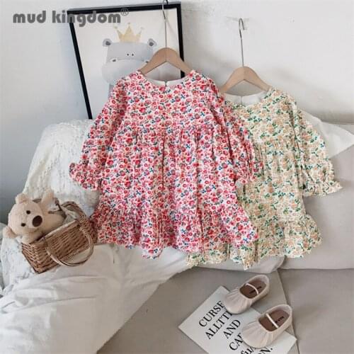 Mudkingdom Girls Floral Dress Crew Neck Long Puff Sleeve Spring Autumn Princess Dresses for Little Girl Cute Children Clothing