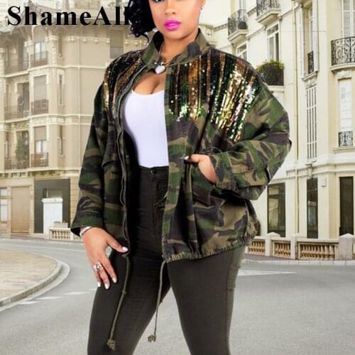 Plus Size Loose Round cotton Collar camouflages sequins Jeans Jacket XL Harajuku Oversized Lace Up Denim Coats Womens Outfits