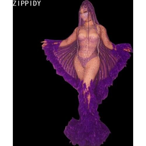 Purple Stones Feather Dress Women Singer Dance Show Evening Wing Outfit Prom Party Birthday Celebrate Long Dress