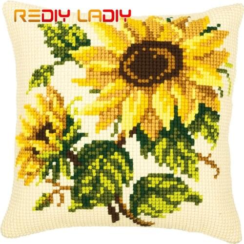 Cross Stitch Cushion Cover Sunflowers Pillow Case Pre-Printed Canvas Thick Yarn Cross-stitch Kits Needlepoint Arts and Crafts