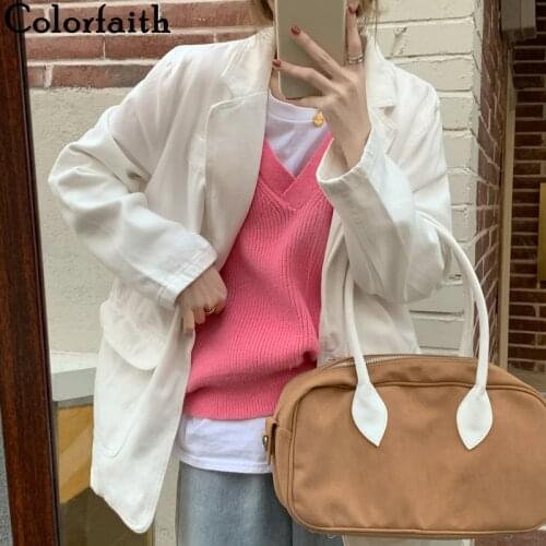 Colorfaith New 2021 Spring Autumn Womens Denim Jackets Casual Pockets Wild Streetwear Fashionable White Lady Jeans Tops JK6902