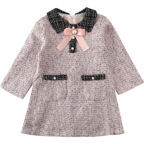 Fashion Girls Woolen Elegant Dress Kids Princess Lattice Dresses Toddler Girls Long Sleeve Dress Autumn Winter Clothes 1-6Years