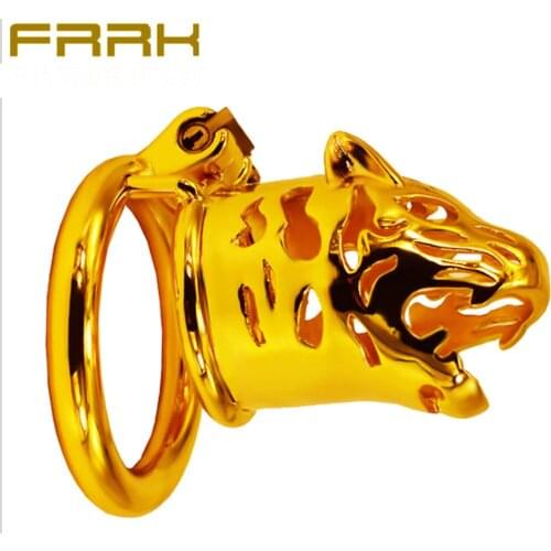 Mens Rooster Cage Lengthened Golden Tiger Head Chastity Lock Metal CB Bird Cage Penis Ring Penis Sleeve Lock Chastity SM Game