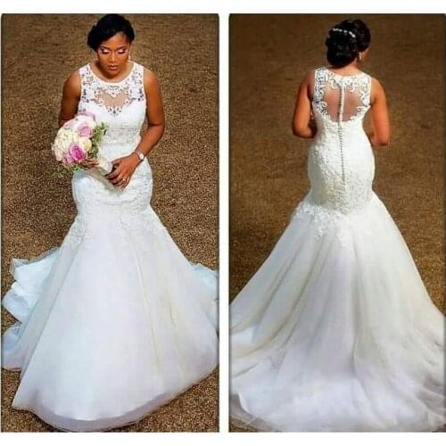 N Nigerian Elegant Mermaid Wedding Gowns Sheer Neck Appliques Lace Tulle Plus Size Bride Dress Cheap Vestido de noiva