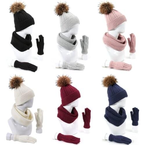 3pcs Men Women Knitted Beanie Hat Scarf Gloves Set Thick Winter Warm Fake Ball Pom Pom Cap Neck Warmer Outdoor