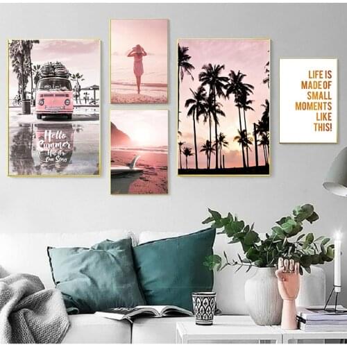 Pink Sunset Beach Coconut Tree Surfboard Wall Art Canvas Painting Nordic Posters And Prints Wall Pictures For Living Room Decor