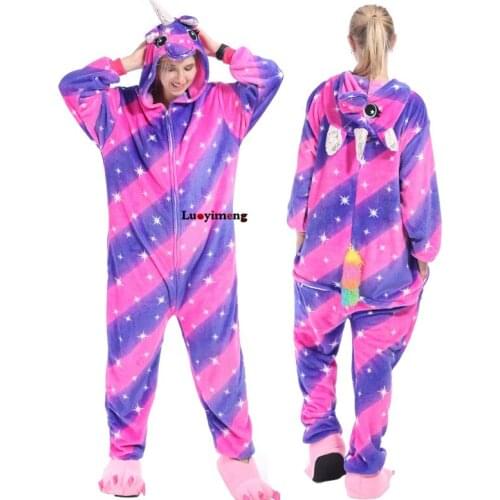 Kigurumi Pajamas For Women Adults Winter Flannel Cartoon Cosplay Jumpsuit Animal Onesie Unicorn Sleepwear Stich Pijama Unicornio