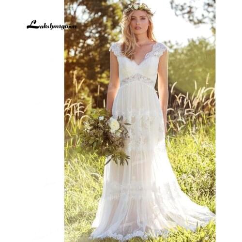 Beach Lace&Tulle Wedding Dresses V-Neck Off The Shoulder Short Sleeve Backless Appliqued Pleats Sweep Train Floor-Length