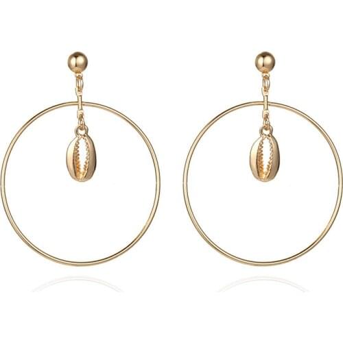 Simple Creative Big Circle Shell Stud Earrings Bohemian Womens Round Pendant Gold Metal Earrings Fashion Beach Party Jewelry